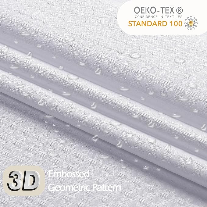 Ebesto Extra Long White Shower Curtain 96 Inch Long 1 Piece, Waffle Embossed Textured Fabric Shower Curtains for Bathroom Large Hotel, Water Resistant, Machine Washable, 72Wx96L Inches