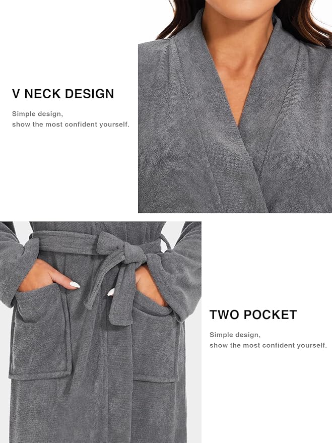 Knuffnee Women Bath Robes Terry Cloth Towel Robe Knee Length Bathrobe with Pockets