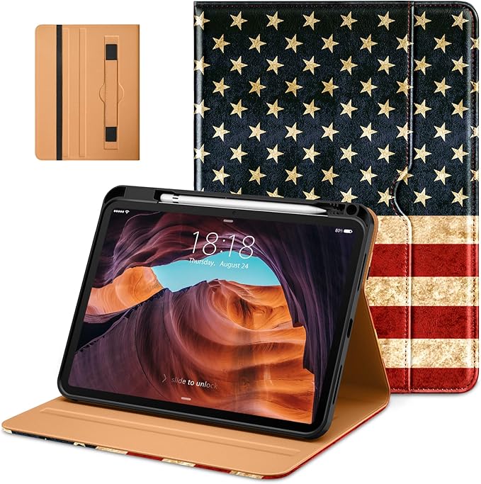 DTTO for iPad (A16) 11th Generation Case 11 Inch 2025, iPad 10th Generation Case 10.9 Inch 2022, Premium Leather Business Folio Stand Cover with Pencil Holder - Auto Wake/Sleep, US Flag