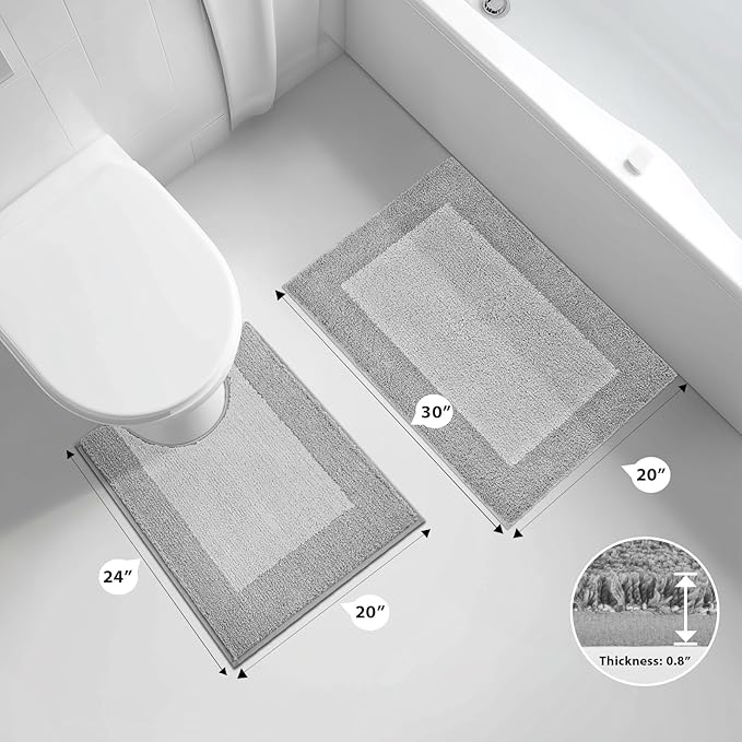 anllugs Bathroom Rugs U-Shaped 20" x 24", Non-Slip Extra Soft Absorbent Bath Rugs, Machine Washable Quick Dry Bath Mats for Toilet Base, Light Grey & Grey