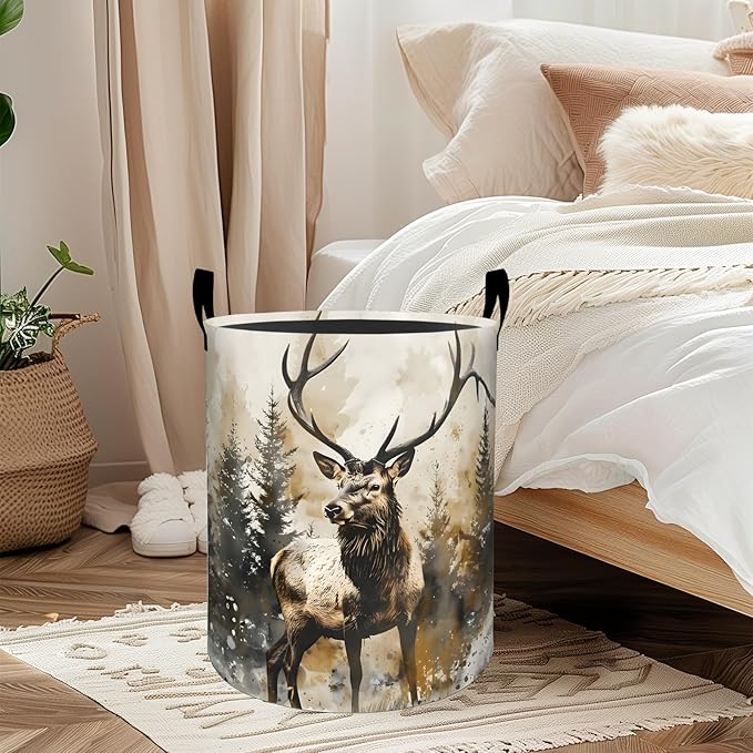 ainori Deer Laundry Basket, Oxford Cloth Realistic Watercolor Dirty Clothes Collapsible Hamper for Room Decor, Forest Wildlife Print Gifts Toy Organizer 19.7 * 15.8 Inch for Bedroom Bathroom Dorm