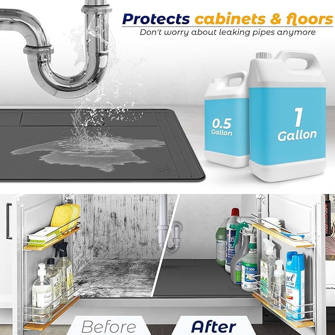 The Original Under Sink Mat - Silicone Waterproof mat, Adjustable, Easy to Clean, Kitchen cabinet liner, Disifenction Surface - 31" x 22" or smaller (Dark Gray, 31" x 22")