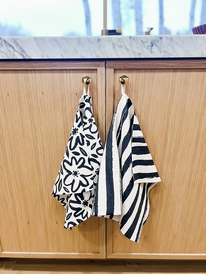 Desert Aqua 2 Pack Double Sided|| Not Your Ordinary Kitchen Towels || Dish Towels || Quick Dry || Waffle Weave Microfiber || Highly Absorbent || Hanging Hook (Black Daisy)