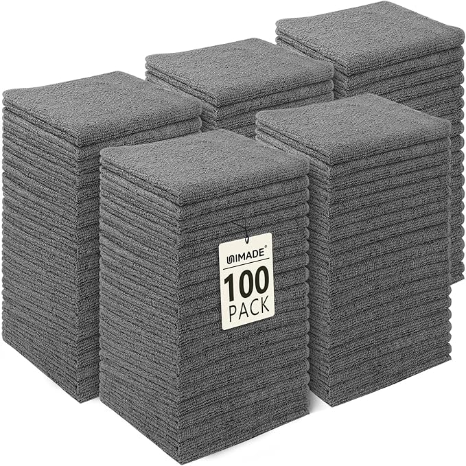 UNIMADE Washcloths Bulk - 100 Pack - Face Towels (12" x 12"), Highly Soft Wash Cloths and Hand Towels, Fast Drying Multi-Purpose Microfiber Cleansing Cloths for Bathroom, Hotel, Spa, and Salon - Grey