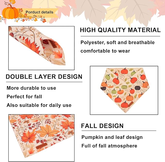 ADOGGYGO Fall Dog Bandana, Pumpkin Maple Leaf Autumn Thanksgiving Pet Scarf, Adjustable Fit Fall Bandanas for Medium Large Dogs Pets (Large)