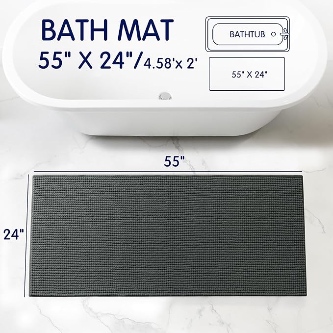 SUBRTEX Bathroom Rugs, 24" x 55" Chenille Bath Rug Soft Short Plush Bath Mat Soft Shower Mat Water Absorbent Shower Mat Quick Dry Machine Washable, Gray