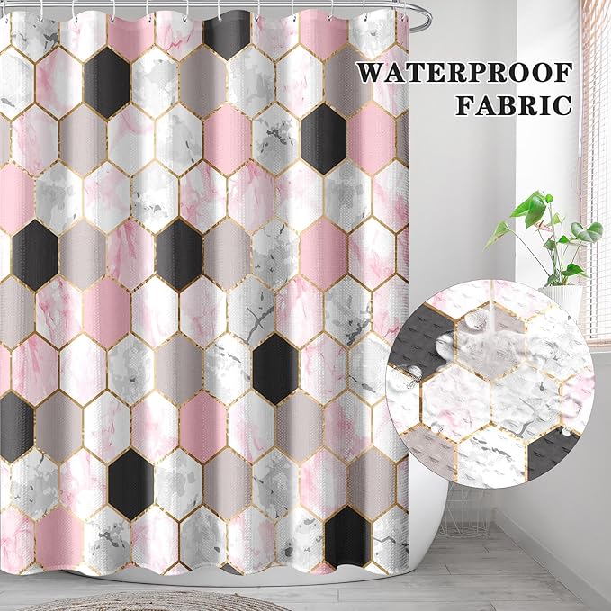 Culudea Geometric Gold Pink Shower Curtain Set, Gray Marble Vintage Bathroom Window Waterproof Shower Curtain Set for Bathroom Decor