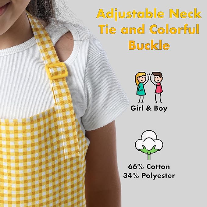 Kids Aprons for Cooking Waterdrop Resistant Aprons for Girl & Boy Toddler Apron for Painting, Gardening, Baking, Smock (Plaid Yellow, Medium (6-10 years)