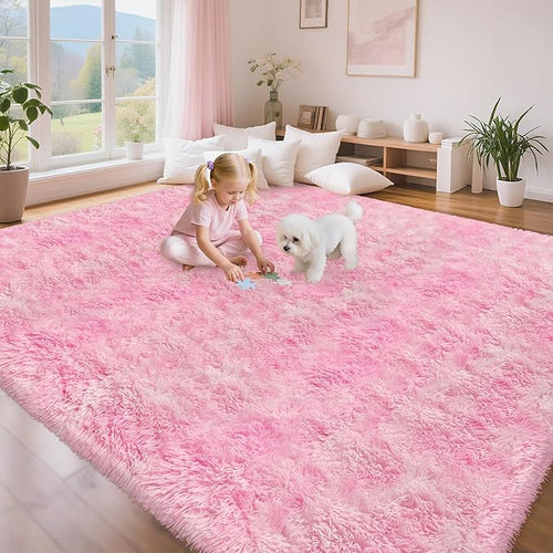 8x10 Pink Area Rugs for Bedroom Girls Room, Tie-Dyed Fluffy Pink Rug for Bedroom Living Room Big Shag Carpet, Ultra Soft Plush Thick Furry Rug Non Slip for Girls Kids Nursery Room Dorm