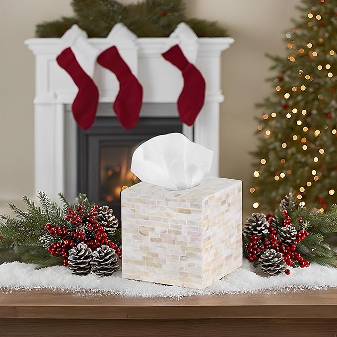 PEMAR 5.9″ Handmade Mother of Pearl Tissue Box Cover – Acacia Wood Cube, 5.35″ Interior Fits 5″ Square Boxes, Sliding Bottom, Lacquer Rustic Farmhouse Decor (Milano)