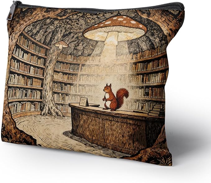 Cafl Forest Library Squirrel Makeup Bag Travel Large Mushroom Lamp Cosmetic Bag Organizer toiletry Essentials Jewelry Zipper Bag Gift For Women -10×8 inch