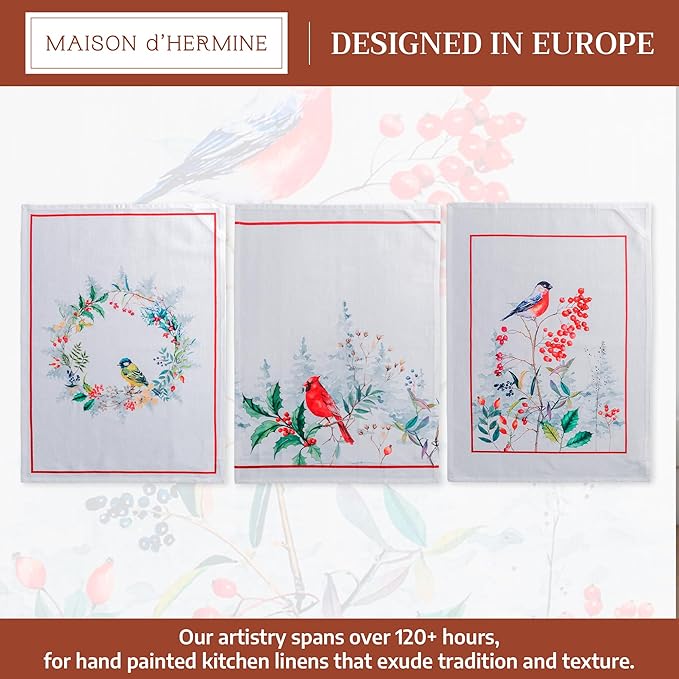 Maison d' Hermine Kitchen Towels Set of 3 100% Cotton 20" x 27.5" Reusable Cloth Tea Dish Towels Absorbent with Hanging Loop for Kitchen Dining Thanksgiving Christmas Decorations (Morzine)