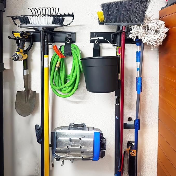 Suemoss Garage Tool Organizer Wall Mount, 48 Inches Garden Tool Organizer with Adjustable Hooks, Metal Garage Storage Rack Max Loading 440lbs, Tool Holder for Hanging Rake Broom Mop Snowboard