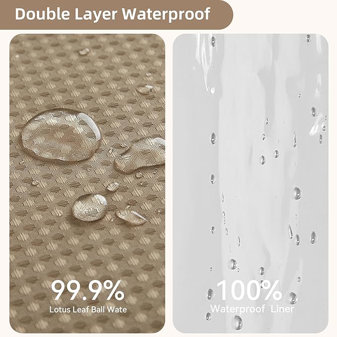 Lameirose Shower Curtain and Liner Set, 3 in 1 Waffle Shower Curtain Set with 12 Double Sided Shower Curtain Hooks, Fabric Shower Curtains for Bathroom, Beige, 72 x 72