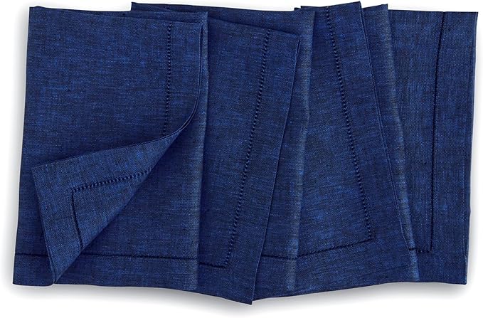 Solino Home Royal Blue Linen Napkins Set of 4-100% Pure Linen Hemstitch Dinner Napkins 20 x 20 Inch for Winter - Milan