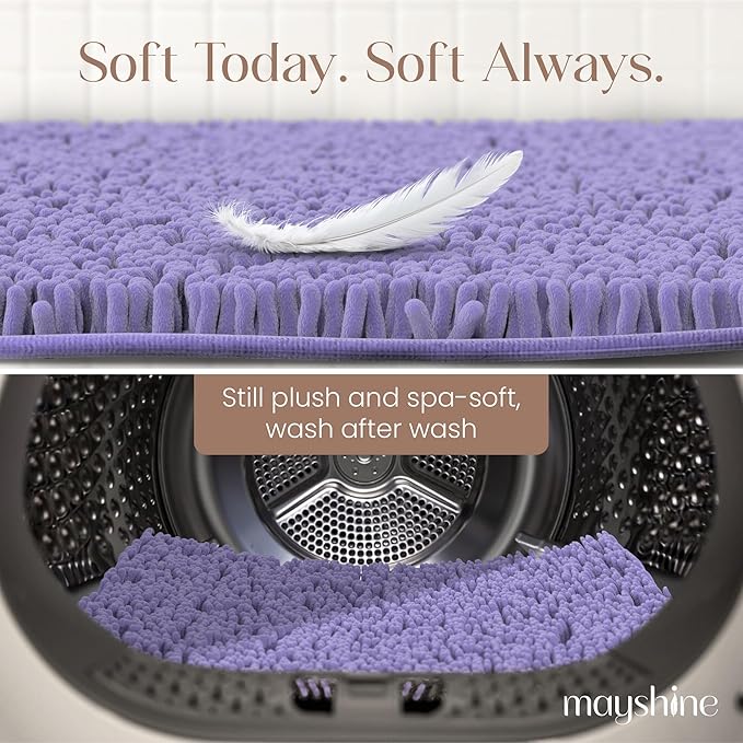 MAYSHINE Plush Shaggy Chenille Bath Mat | Extra Soft, Super Absorbent, Non-Slip Bathroom Rug | Fluffy Microfiber, Area Rug Sets for Bathroom Floor, Kitchen, Living Room | 39"x24" | Lavender
