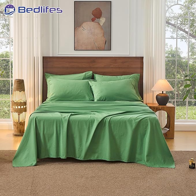 Bedlifes 100% French Pure Linen Sheets California King Size Breathable and Cooling Flax Sheet Set Soft Durable and Moisture Wicking 16 Inch Deep Pocket-4 Piece(Cal King,Sage Green)