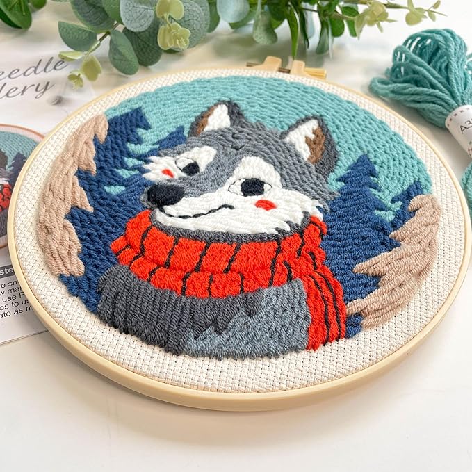 Myfelicity Punch Needle kit, a Beginner Set with Wolf Pattern Design, Suitable for Beginners and Adults with 7.9-inch Hoop