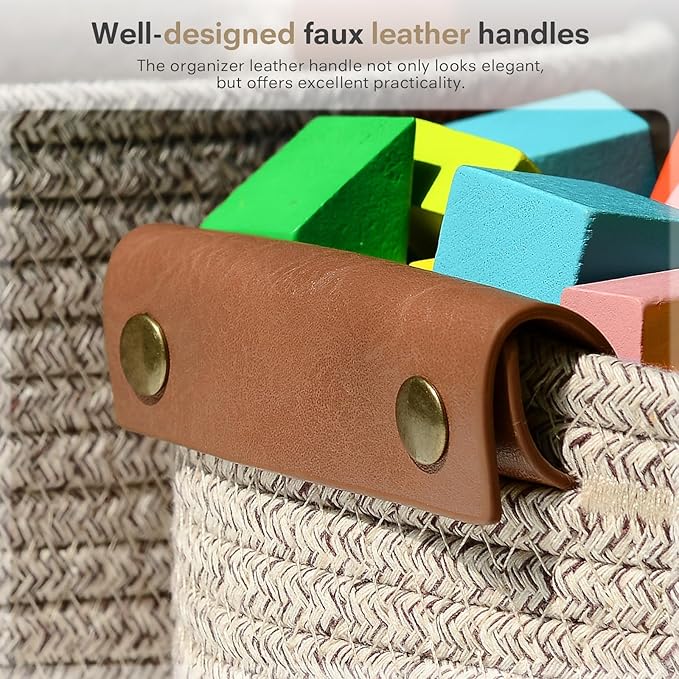 ECDYQXVU 5 Piece Storage Baskets Small Woven Basket with Detachable Leather Handle, Cotton Rope Shelf Baskets for Closet Organizers, Different Sizes Basket Decor, Natural Brown