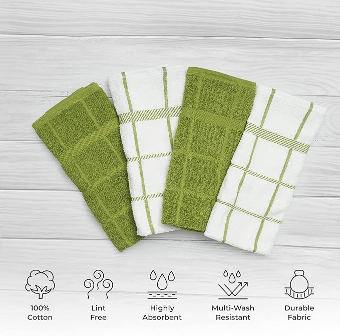 Mellow Buff 100% Cotton Terry Dish Cloth & Dish Towel, 6 Pack, Super Soft and Absorbent Kitchen Towels, Perfect for Kitchen Cleaning and Dish Washing (Green (DT and DC Combo))