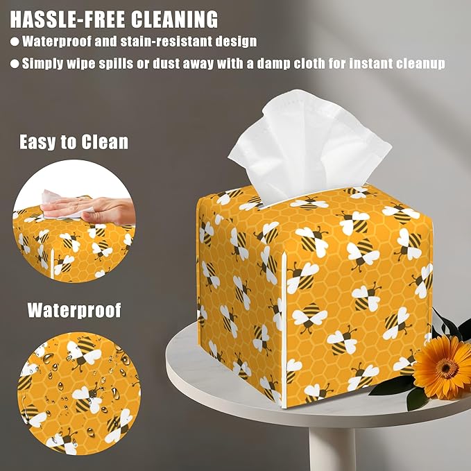BLYKVGHQ Bee and Honeycomb Tissue Box Cover Square, Tissue Box Holder with Bottom Belt Leather Facial Paper Organizer Dispenser for Bathroom Bedroom Dresser Night Stand Tabletop