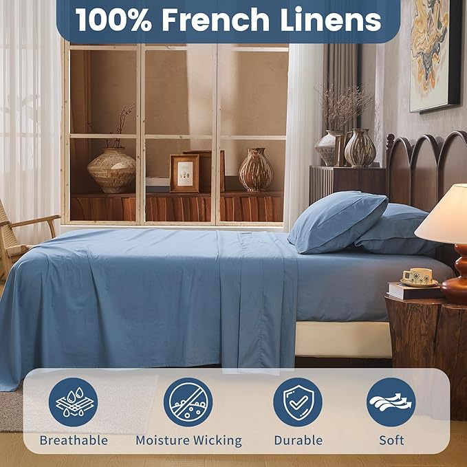 100% Linen Sheets California King Size,Breathable & Durable 4-Piece Bed Flax Sheet Set,Soft All-Season Bedding for Hot Sleepers 16" Deep Pocket Oeko-TEX Certified,（Cal King, Dusty Blue）