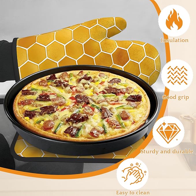Honeycomb Oven Mitts and Pot Holders Set,Bee Kitchen Decor Heat Resistant Non Slip Hot Pads and Oven Mitt for Chef Cooking Baking BBQ Mom Girl Gifts(4 Piece Set)