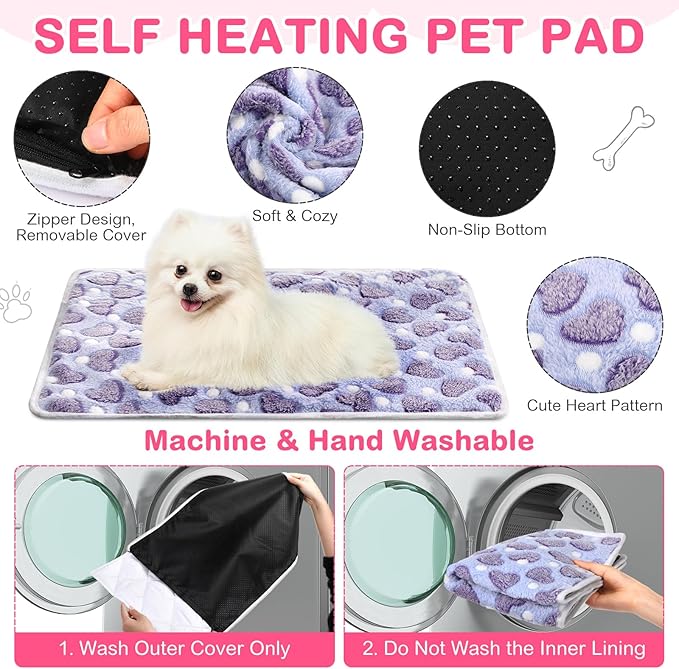 Clysee 4 Pack Self Heating Cat Bed Cat Self Warming Pad with Removable Cover Extra Warm Thermal Pet Pad Washable Pet Crate Mat Anti Slip Kennel for Indoor Outdoor Pets(Heart,20 x 28 Inches)