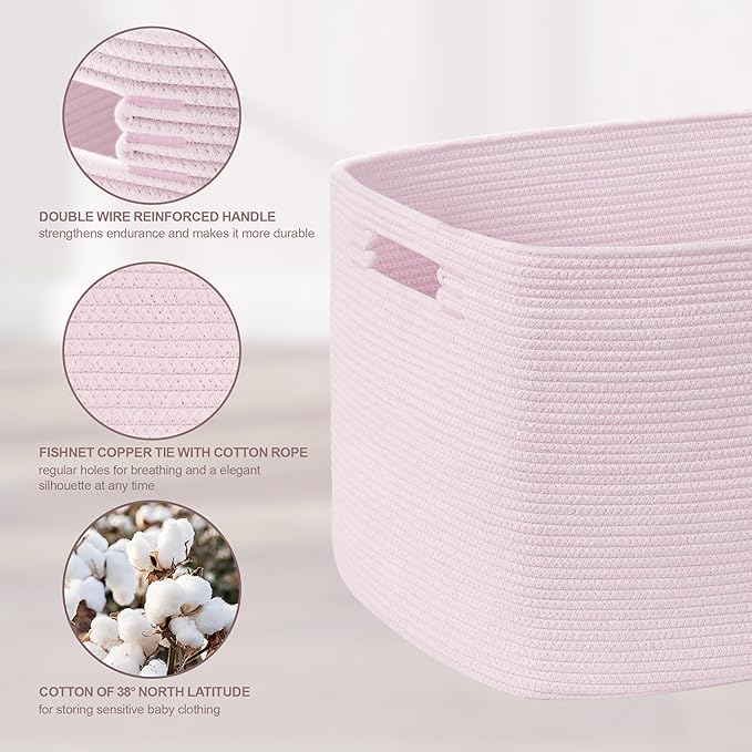 SunNewt 60L Small Baby Girls Laundry Basket for Nursery Storage,Cute Woven cotton Rope Baskets for Kids Toy，Gifts, Boho Square Wicker Blanket hamper for Living Room,Bedroom Dirty Clothes,Pink