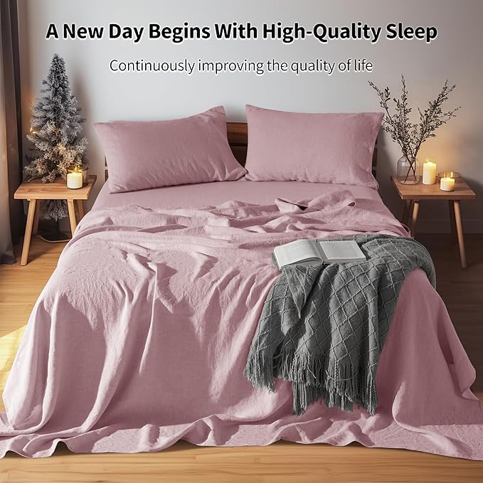LBRO2M 100% Linen Sheet Set Full Size,Bed Sheets 4 Piece Sets,Solid Color Natural Flax Bed Sheets Soft Breathable Bedding,16" Deep Pocket,All Season (Full, Embroidery Purple)