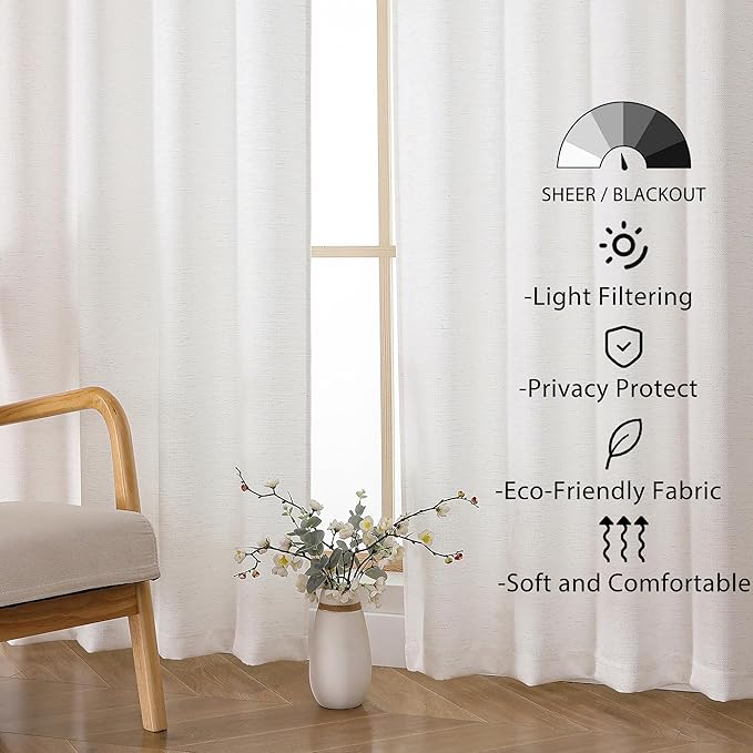 Lecloud Bessie Curtains 63 Inch Length 2 Panels, Soft Faux Linen Textured Farmhouse Curtains, Light-Filtering Rod Pocket Window Treatments for Bedroom Dining Room, Each 40 W x 63 L, Natural