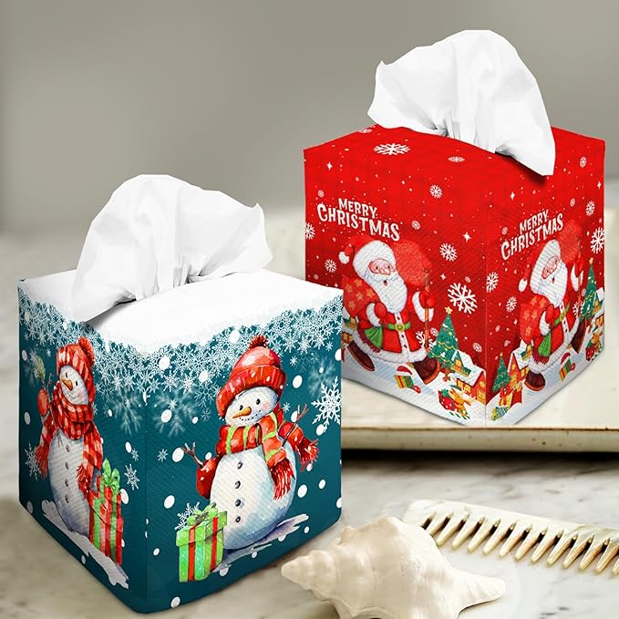 Tissue Box Cover Square Decorative Tissue Box Holder Cute Funny Cube Tissue Case Cover-Xmas Decor Christmas Snowman Tissue Box Cover