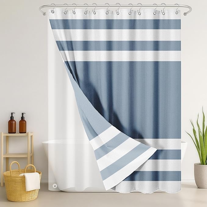Nesphy Shower Curtain and Liner, Blue Striped 3 in 1 Shower Curtain and PEVA Liner Set with 12 Rust-Resistant Metal Hooks, Waterproof Fabric Shower Curtains for Bathroom, 72 W x 72 H