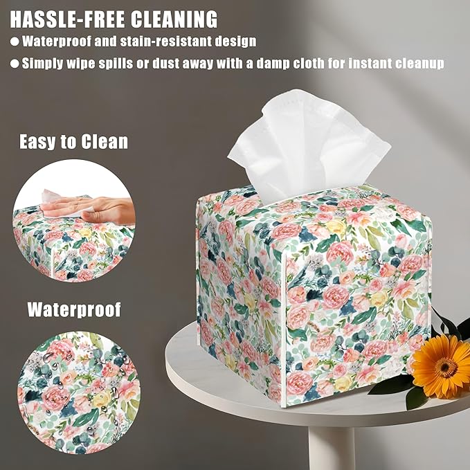 BLYKVGHQ Pink Watercolor Flowers Tissue Box Cover Square, Tissue Box Holder with Bottom Belt Leather Facial Paper Organizer Dispenser for Bathroom Bedroom Dresser Night Stand Tabletop