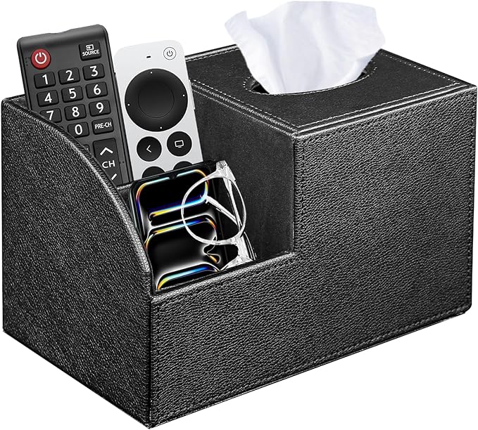 PU Leather Square Tissue Box Cover - Multi-Functional Tissue Box Holder, Tissue Box Cover with Storage,Tissue and Remote Control Holder, Cube Tissue Box Organizer Bedroom Nightstand End Table