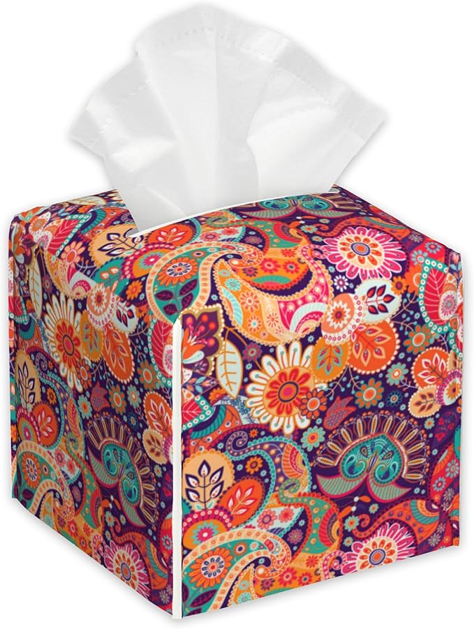 Paisley Floral Tissue Box Cover,PU Leather Tissue Box Holder Square,Modern Home Decoration for Bathroom Living Room Kitchen Office Car,5.2"×5.2"×5.2"