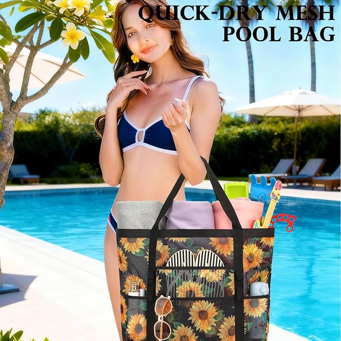 Fammart Mesh Beach Bag, Large Beach Tote with Zipper Pocket for Family Pool Bag for Toys & Vacation Essentials
