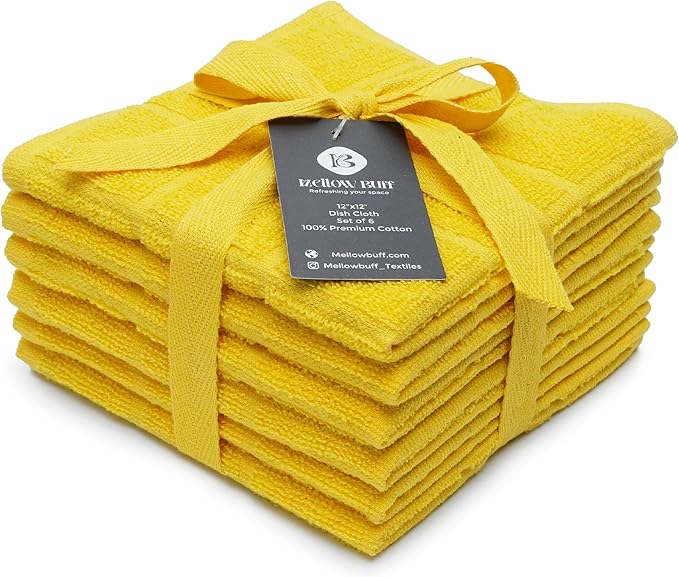 Mellow Buff 100% Cotton Terry Dish Cloth & Dish Towel, 6 Pack, Super Soft and Absorbent Kitchen Towels, Perfect for Kitchen Cleaning and Dish Washing (Yellow 6 Pack)