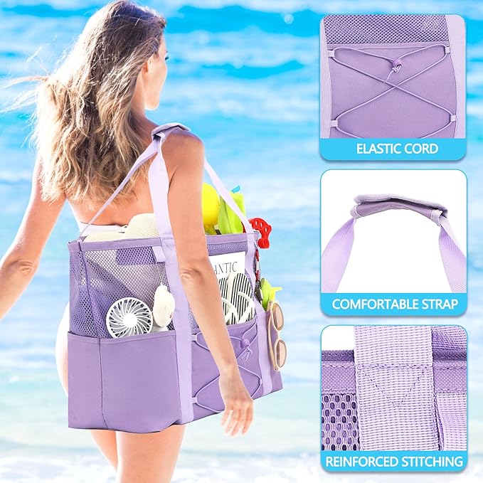 Fammart Mesh Beach Bag, Large Beach Tote with Zipper Pocket for Family Pool Bag for Toys & Vacation Essentials