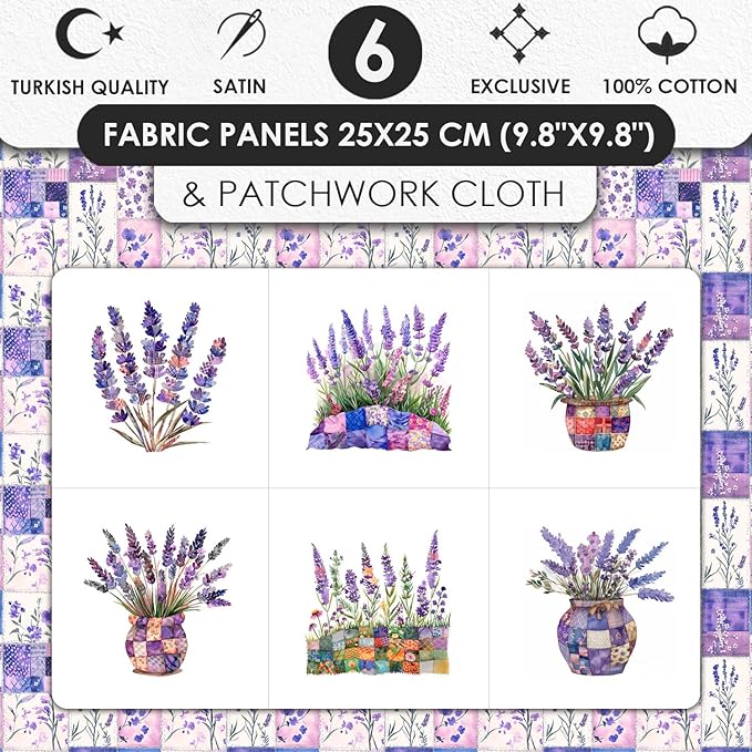 Lavender Patchwork Cotton Fabric Panel – 6 Designs (10×10 inch Each) + Bonus Sheet 29.5×19.6 inch, 100% Cotton 140 GSM, Made in Türkiye