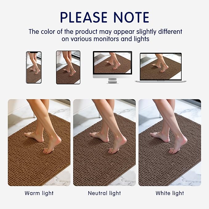 SUBRTEX Bathroom Rugs, 24" x 60" Chenille Bath Rug Soft Short Plush Bath Mat Soft Shower Mat Water Absorbent Shower Mat Quick Dry Machine Washable, Brown