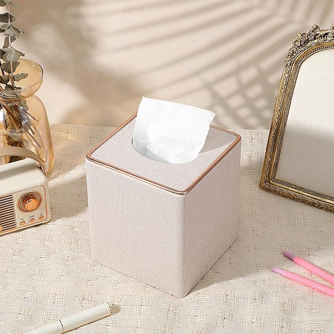 2 Pack Square Linen Tissue Box Covers, Beige Cube Tissue Holder with Magnetic Bottom & Flannel Lining, Decorative Modern Organizer for Home Office Car Vanity