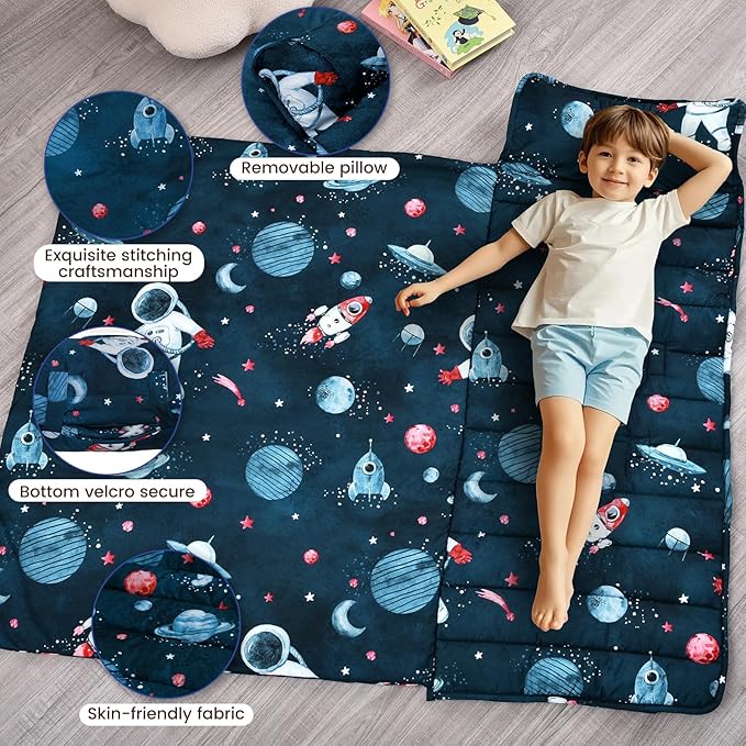david's kids Toddler Nap Mat Set with Removable Pillow, Ultra Soft Slumber Bags for Boys，Perfect for Preschool, Daycare, Kids Sleeping Bags with Rollup Design, 50"x20", Space