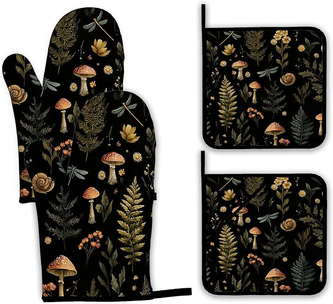 Mushroom Forest Plant Oven Mitts and Pot Holders,Dragonfly Heat Resistant Oven Mitts Gloves and Pot Holder for Home Kitchen Decorations Cooking Baking BBQ Gifts,Set of 4