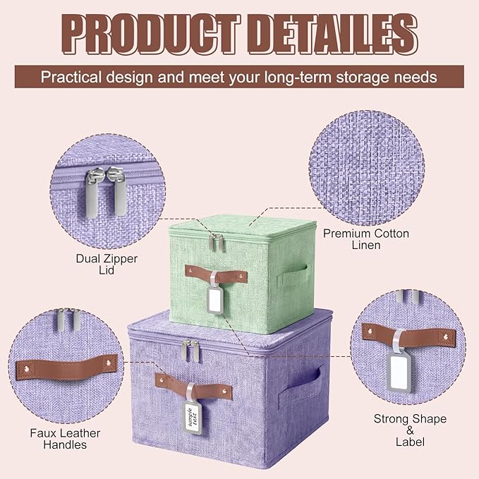Fiwochic 6 Pack Fabric Storage Bins with Lids and Label, 10×8×7In Foldable Cotton Linen Cute Storage Box with PU Leather Handles for Closet, Bedroom, Nursery, Pink, Purple, Blue, Green, Yellow, Orange