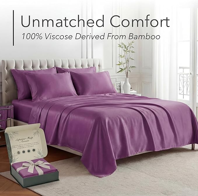 DECOLURE 100% Viscose Derived from Bamboo Sheets California King Size - Luxury 6 Pc Naturally Cooling Sheets, Ultra Soft Bed Set - Deep 17" Pockets, Double Stitching, Oeko Tex Standard (Purple)