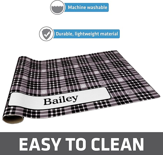 Drymate Personalized Pet Bowl Placemat, Custom Dog & Cat Food Feeding Mat - Absorbent Fabric, Waterproof Backing - Machine Washable/Durable (USA Made) (16" x 28") (Black Paw Plaid)