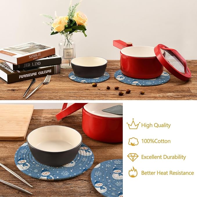 Boccsty Christmas Blue Snowman Trivet Mat 2PCS Winter Snowflakes Round Woven Potholders Kitchen Table Countertop Protector Hot Pads Farmho