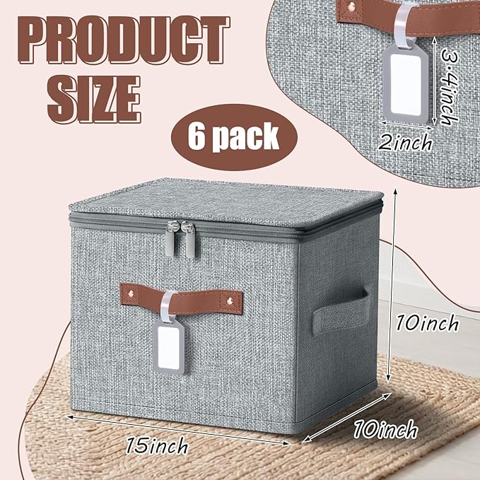 Fiwochic 6 Pack Fabric Storage Bins with Lids and Label, 15x10x10Inch Large Size Foldable Cotton Linen Storage Boxes with PU Leather Handles Holders for Closet, Bedroom, Shelf, Nursery, Gray