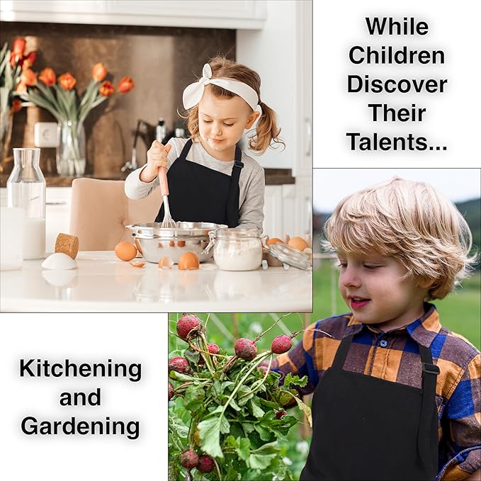 Kids Aprons for Cooking Waterdrop Resistant Aprons for Girl & Boy Toddler Apron for Painting, Gardening, Baking, Smock (Black, Small (3-5 years))